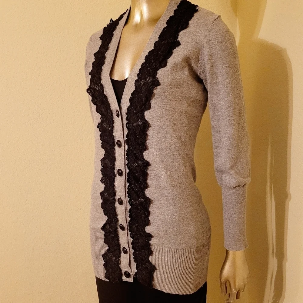 VENUS Heather Grey Long Line Cardigan Sweater With Lace Trim Sz Small